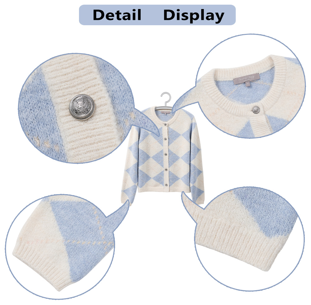 Custom Womens Knitwear Plaid Knit AntiWrinkle Cardigan Crew Neck Button Down Loose Fit Long Sleeve Preppy for Spring Fall product view