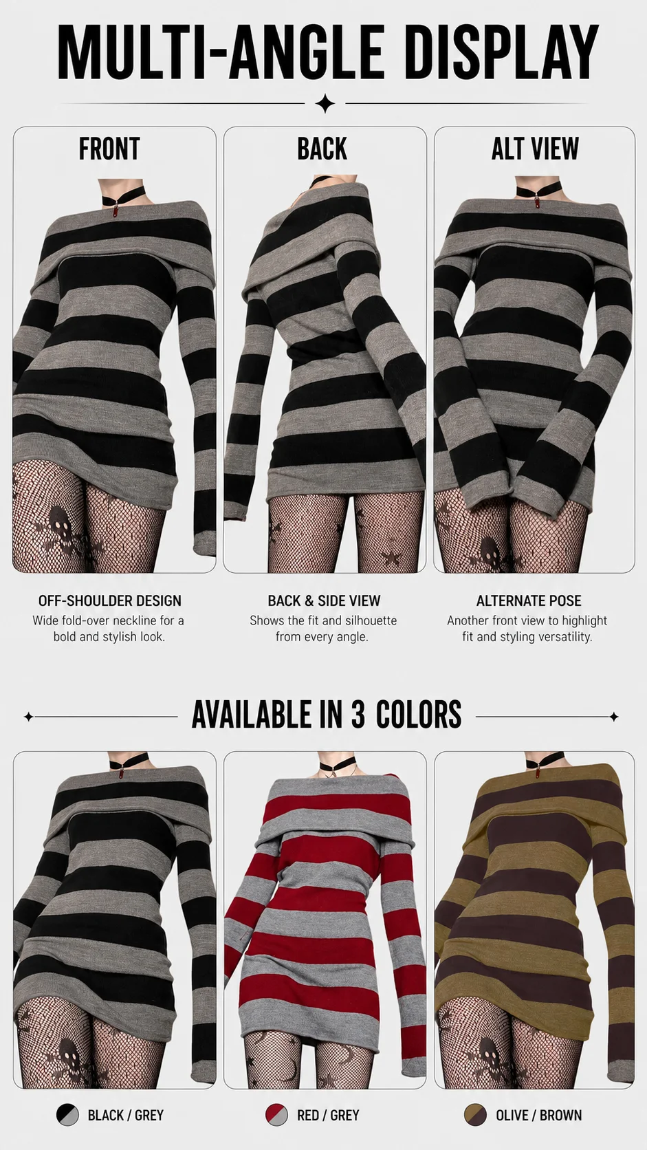 Women Gothic Y2K Off Shoulder Striped Knit Mini Dress Long Sleeve Bodycon Sweater Dress Punk Grunge Aesthetic Party Club Outfits detail