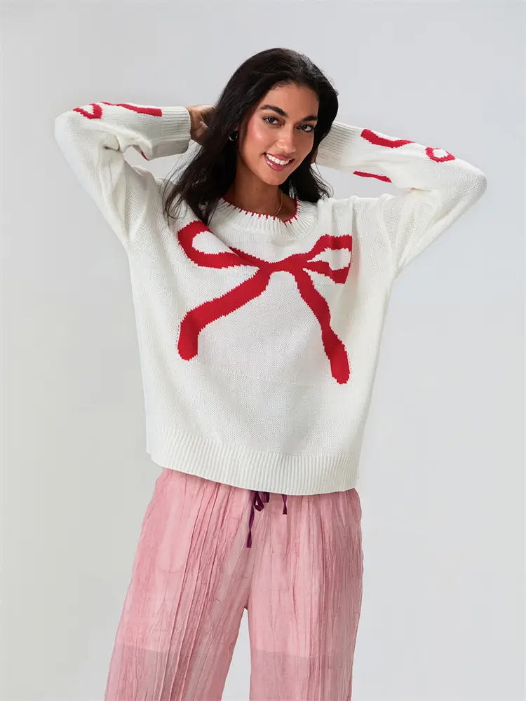 Womens Bow Print Sweater Elegant Long Sleeve Round Neck Knit Pullovers Spring Autumn Tops product view