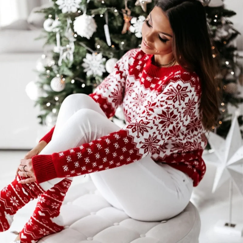 Hot Selling Womens Sweater Print Long Sleeve Round Neck Knitted Pullover Sweater Tops Sweater Knitwea detail