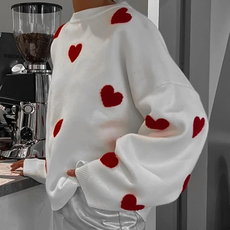 Love Heart Knitted Sweater Womens Trendy Street Style Long Sleeve Overhead Pullover Knitwear Ultra Short Length Fashion detail