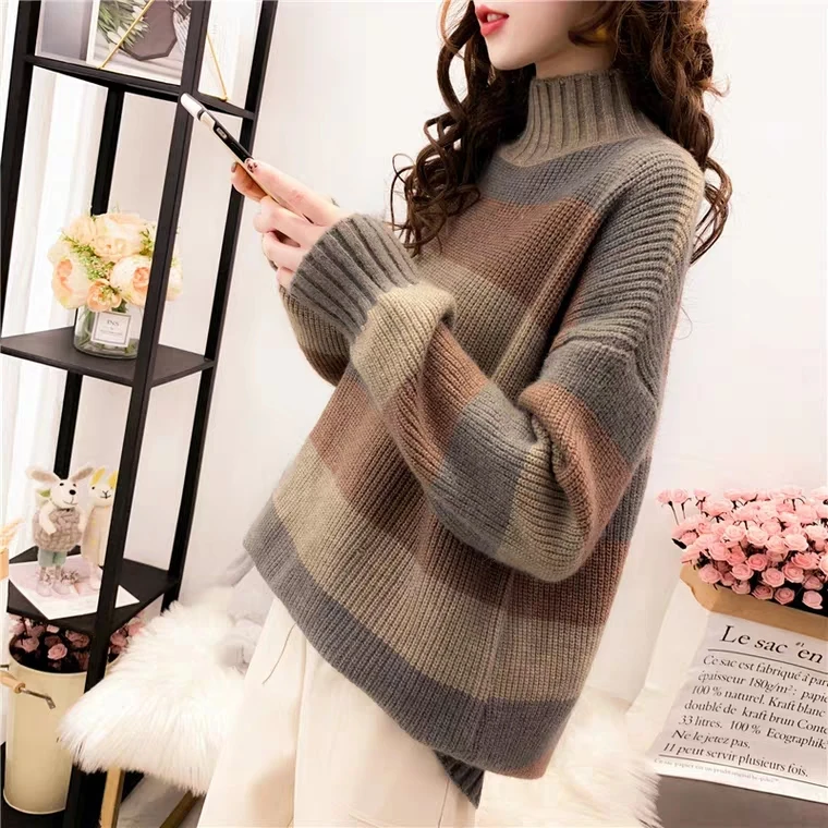 2025 Autumn Winter Thick Warm Sweater Casual Half High Neck Womens Knitted Sweater Striped Loose Fit Lady Pullover Tops detail