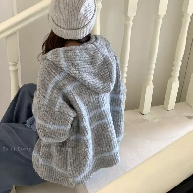 Loose Womens Zipper Knitted Sweater Striped Hooded Color Block Autumn Winter Outerwear Casual Comfortable Lazy Style Top product view