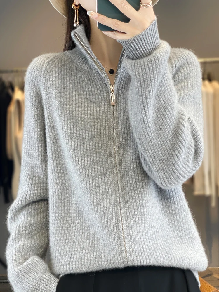 100 Wool Womens Standing Collar Zipper Cardigan Thickened Autumn Winter Casual Fashion Cashmere Knitted Sweater detail