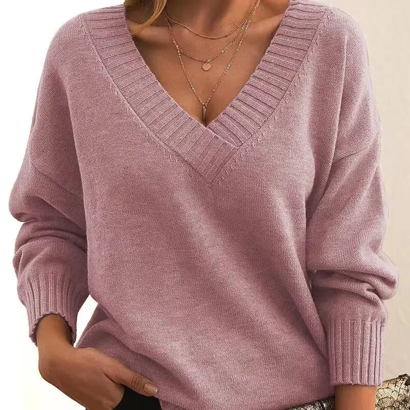 Fall Winter New Fashion Womens Sweater LooseFit VNeck Casual Pullover Knit Tops Clothing product view