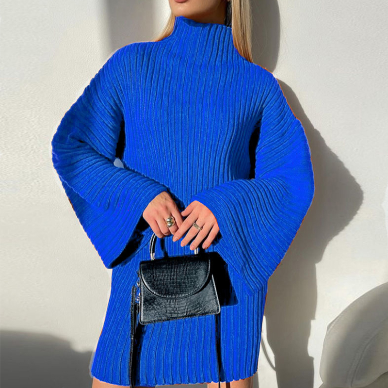Knitwear Manufacturers ODM Custom White Turtleneck Long Sleeve Large Ribbed Simple Midi Women Sweater Knit Dress product view