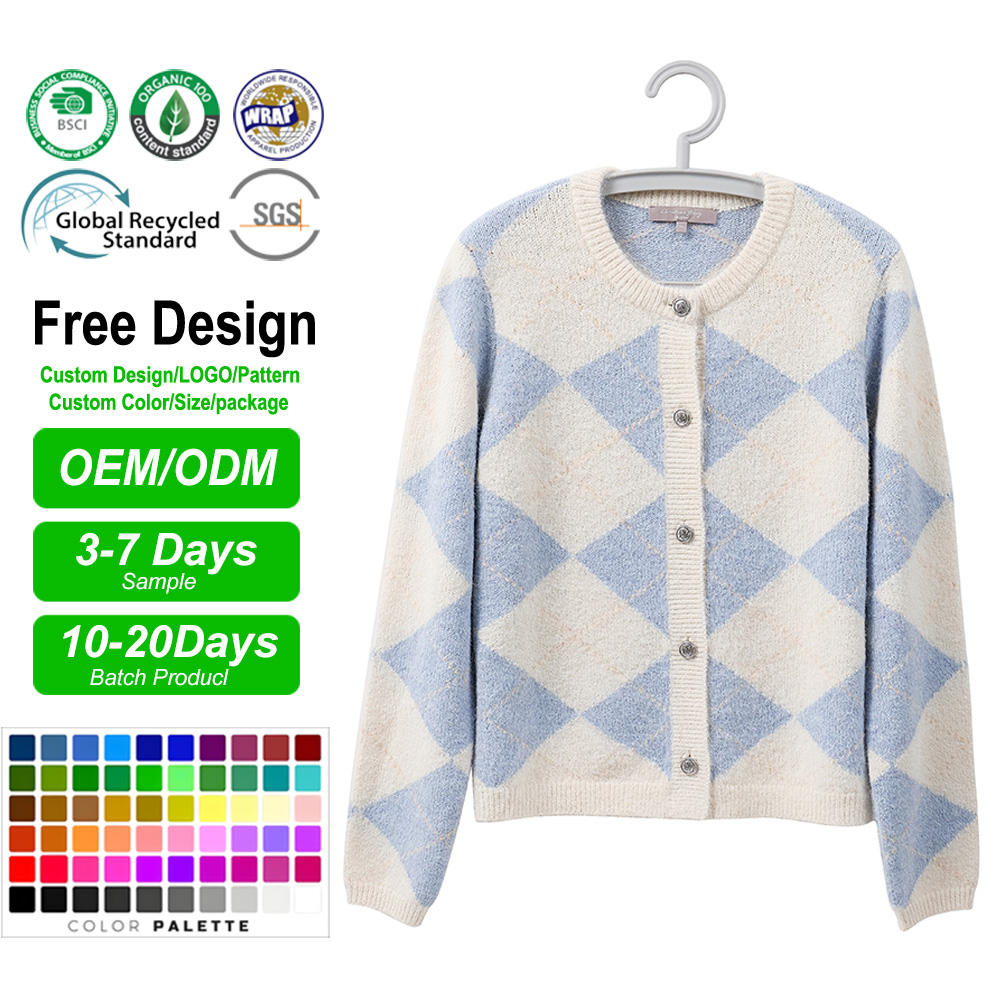 Custom Womens Knitwear Plaid Knit AntiWrinkle Cardigan Crew Neck Button Down Loose Fit Long Sleeve Preppy for Spring Fall product view