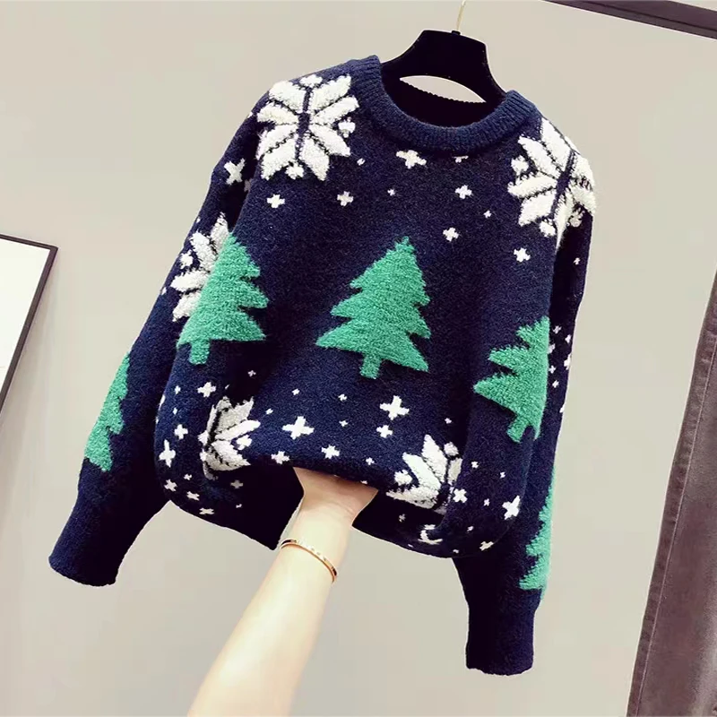 Womens Sweater New Christmas Tree Snow Youthful woman Clothes Long Sleeve Tops Blouse Oneck Sweatshirts Knitwear Allmatch detail