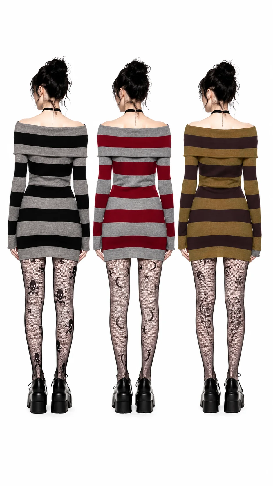 Women Gothic Y2K Off Shoulder Striped Knit Mini Dress Long Sleeve Bodycon Sweater Dress Punk Grunge Aesthetic Party Club Outfits product view