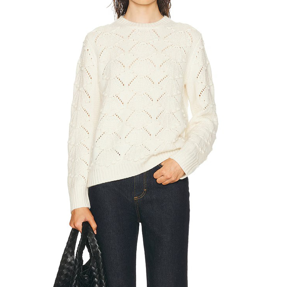 Wholesale Custom Autumn Winter Women's Casual Hollow-out Knitted Sweater Crew Neck Long Sleeve Loose Pullover with Front Logo