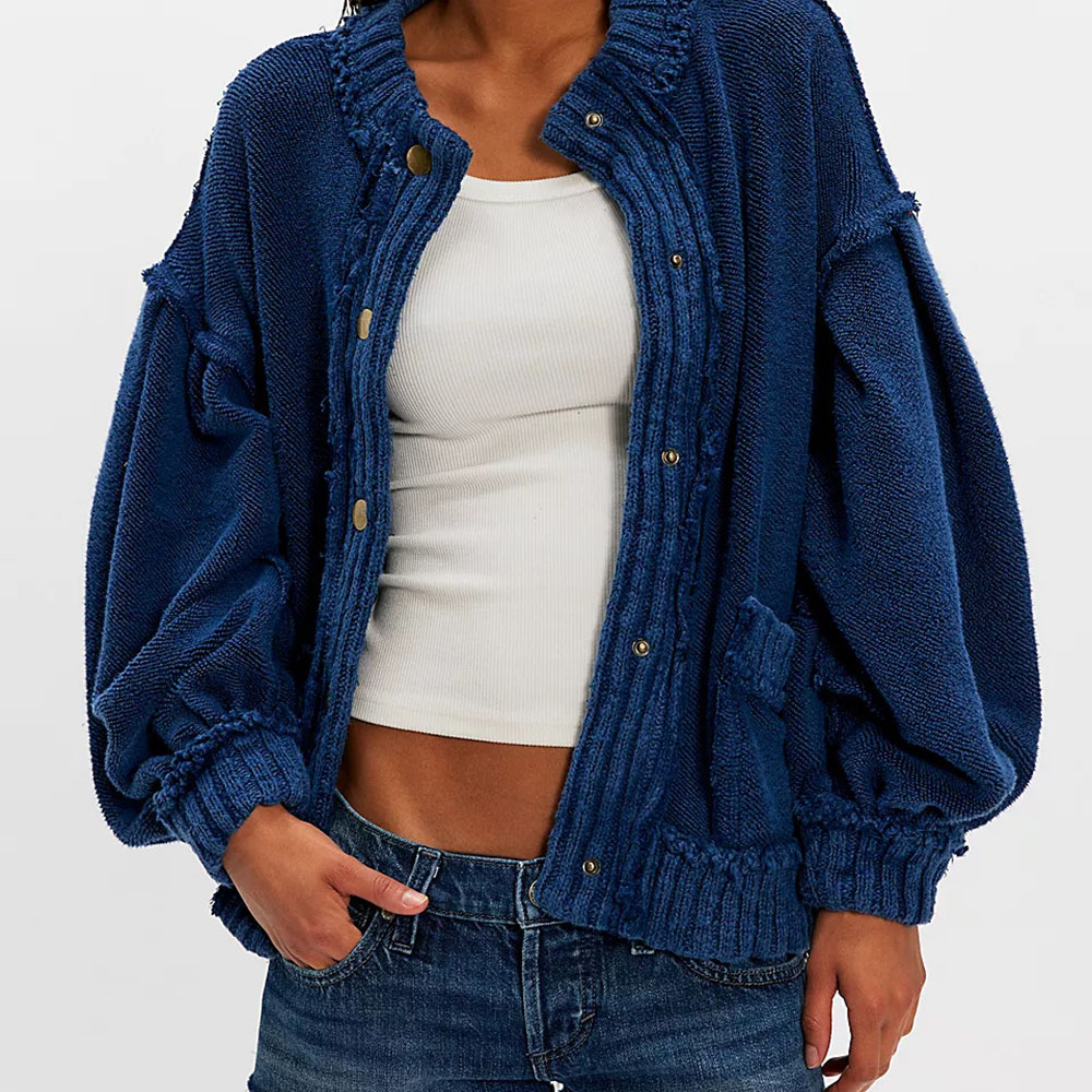 Hot Sale Womens Knitted Inside Out Cardigan Vneck Full Sleeve Bohemian Style with Pockets Sheer Layer Detail Hand Knit Sweater detail