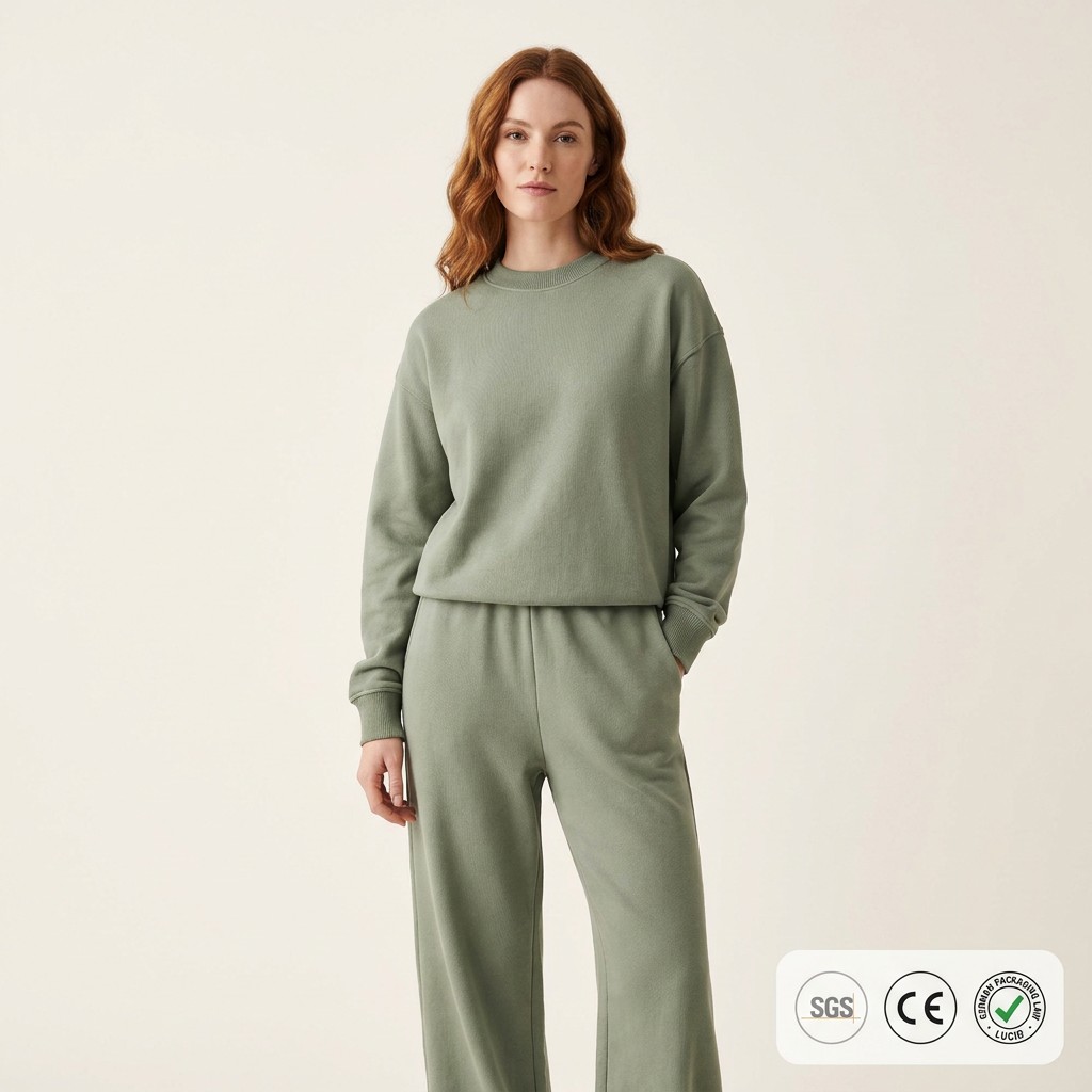 Custom 400g Heavyweight Women Solid Loose Ribbed Knit For Set OEM ODM Organic Cotton Oversized Sweater Wide Leg Trousers Luxe