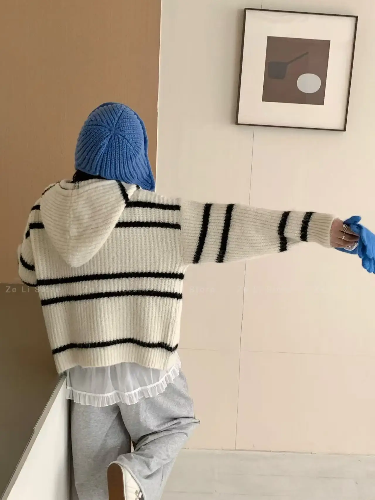 Loose Womens Zipper Knitted Sweater Striped Hooded Color Block Autumn Winter Outerwear Casual Comfortable Lazy Style Top detail