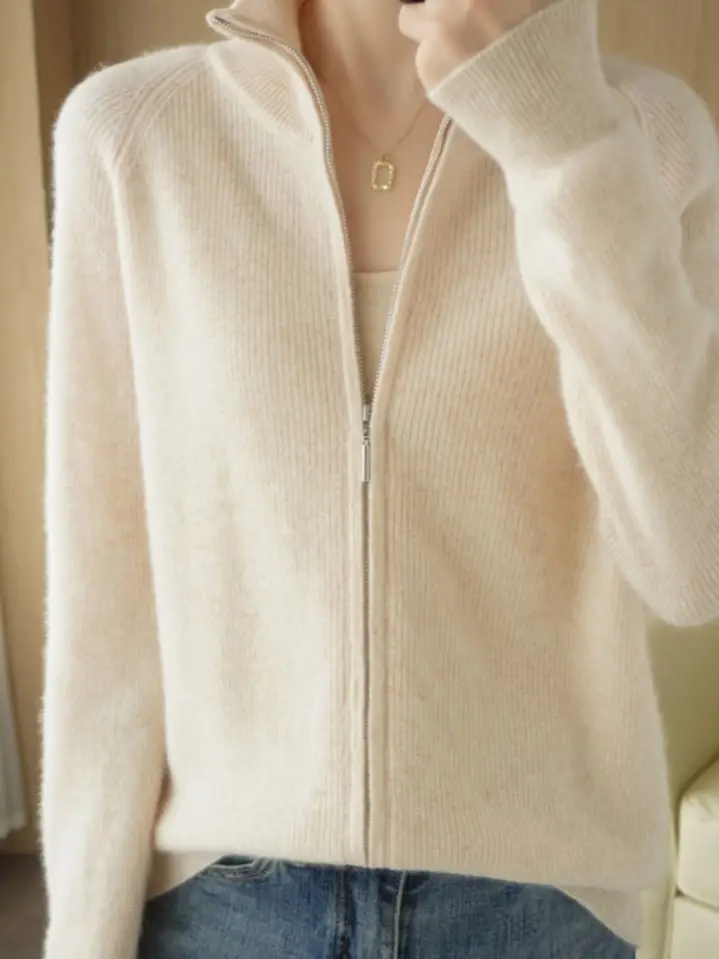 Merino 100% Wool Women's Standing Collar Zipper Cardigan Thickened Autumn Winter Casual Fashion Cashmere Knitted Sweater