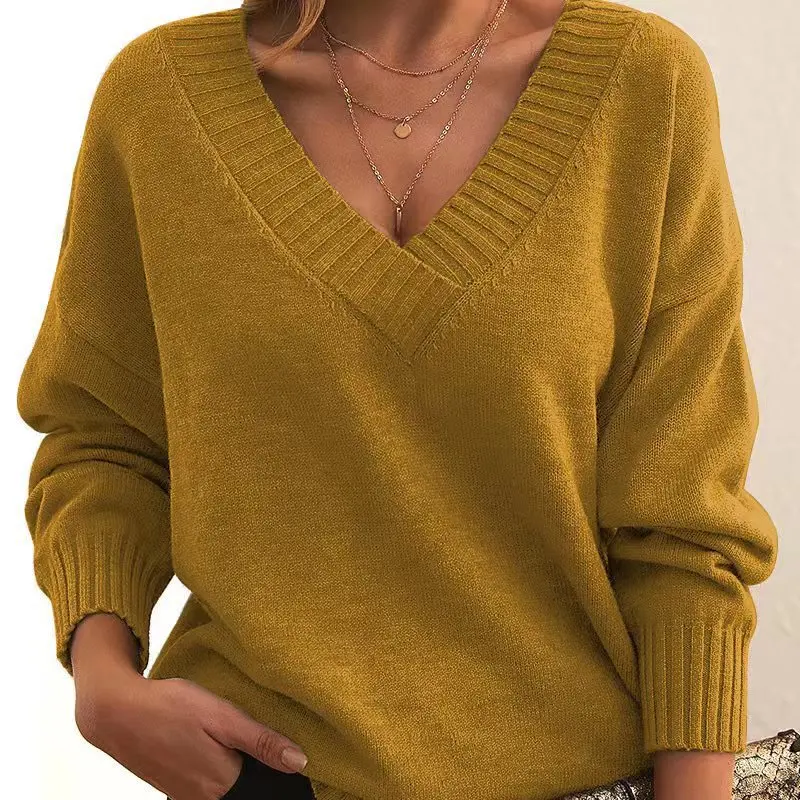 Fall Winter New Fashion Womens Sweater LooseFit VNeck Casual Pullover Knit Tops Clothing detail