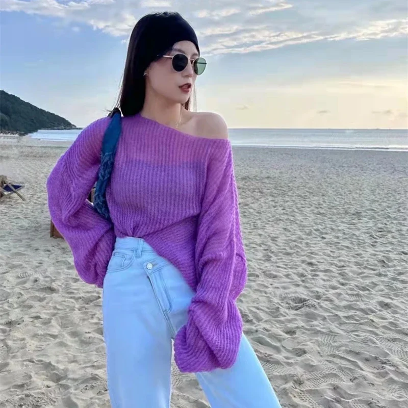 Simple Hollow Out Lightweight Long Sleeved Knitted Sweater Spring New Solid Color Womens Pullover Summer Sunscreen Knitted Tops detail