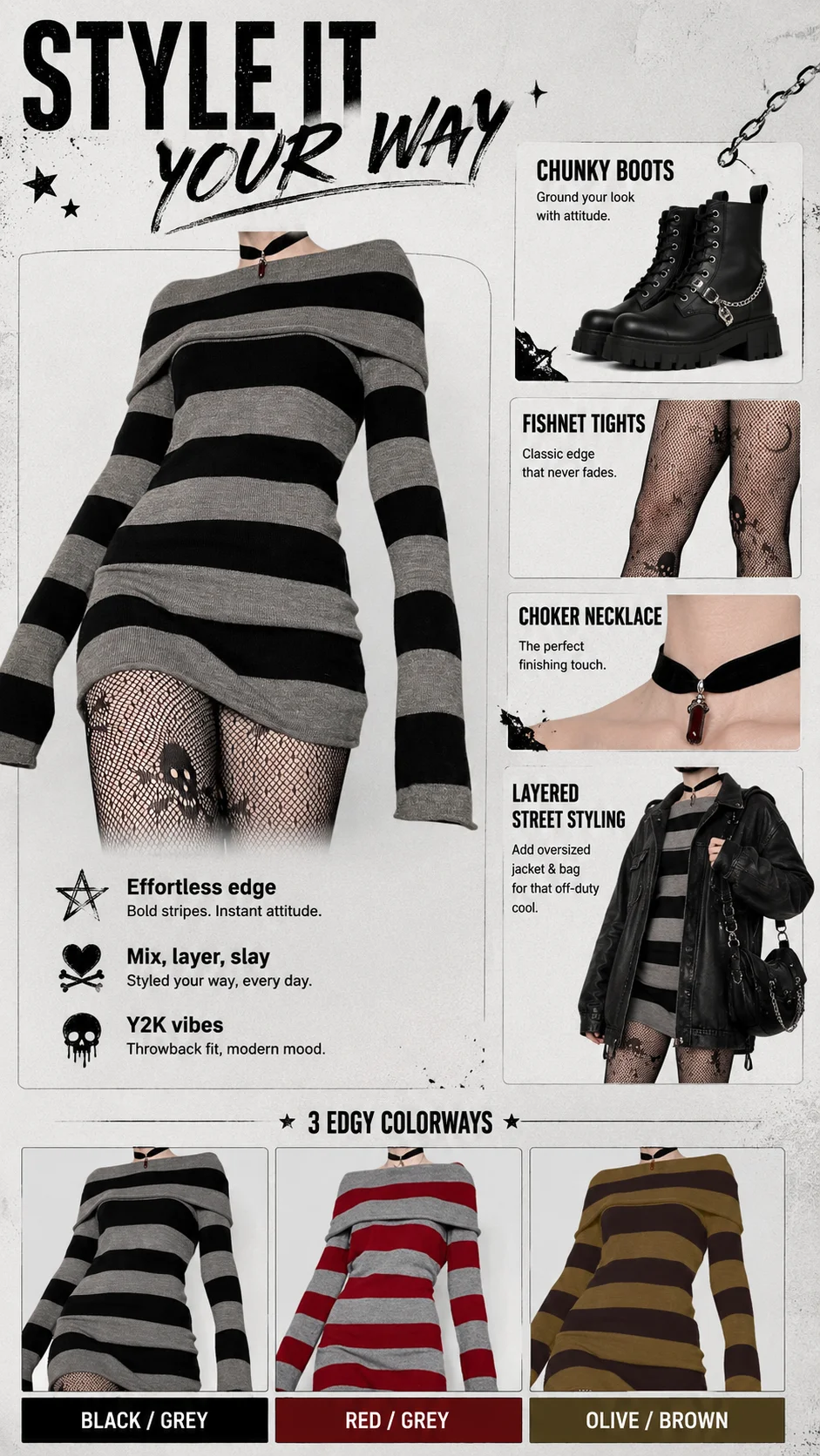 Women Gothic Y2K Off Shoulder Striped Knit Mini Dress Long Sleeve Bodycon Sweater Dress Punk Grunge Aesthetic Party Club Outfits detail