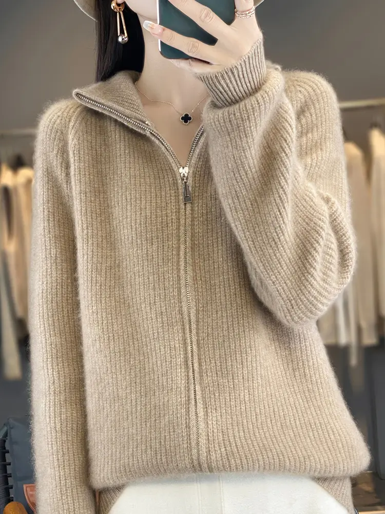 100 Wool Womens Standing Collar Zipper Cardigan Thickened Autumn Winter Casual Fashion Cashmere Knitted Sweater product view