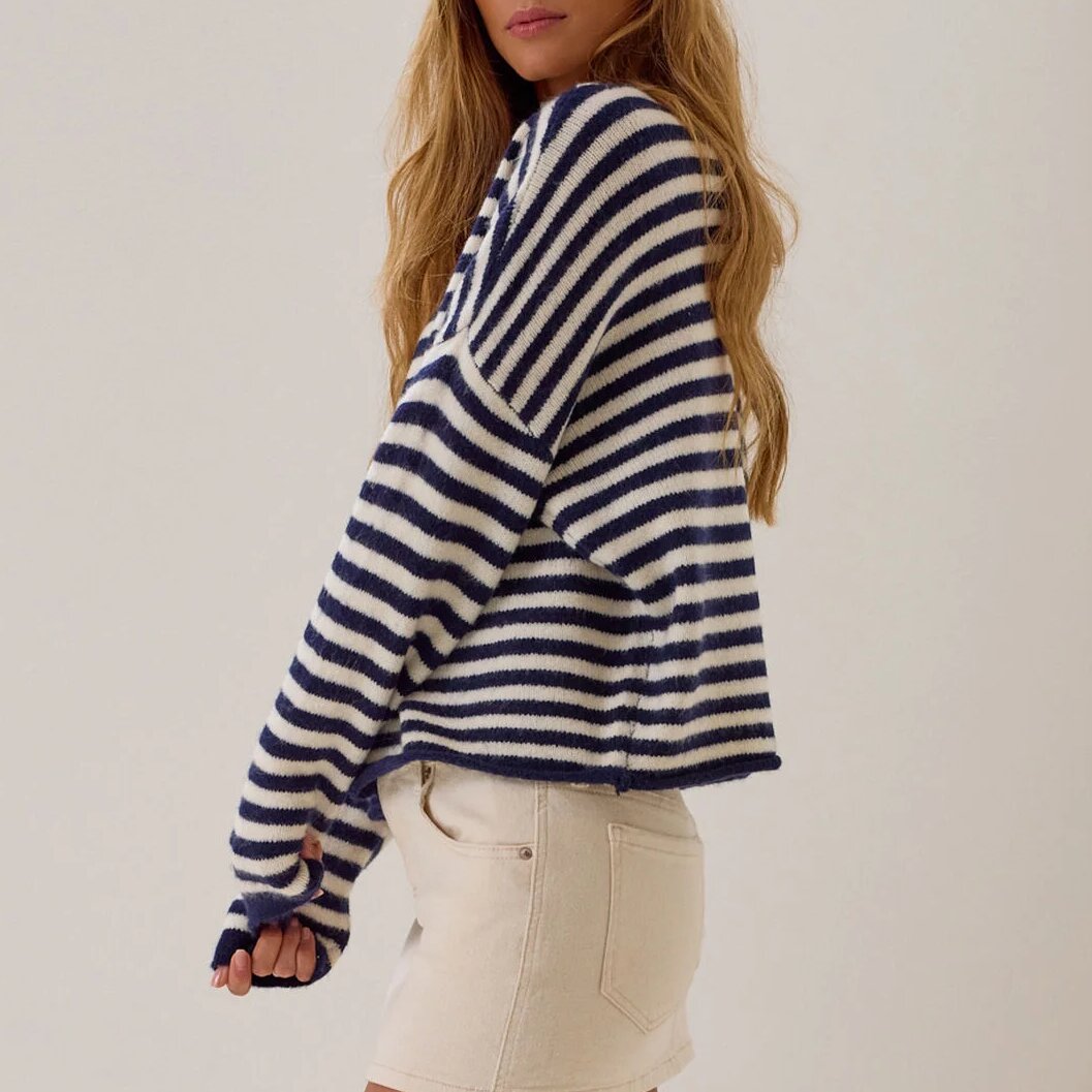 Custom Womens Stripe Crew Neck Button Down Drop Shoulder Loose Cropped Long Sleeve Soft Knitted Cardigan Sweater product view
