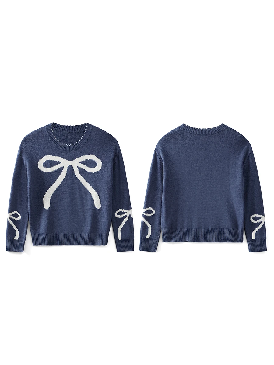 Womens Bow Print Sweater Elegant Long Sleeve Round Neck Knit Pullovers Spring Autumn Tops detail