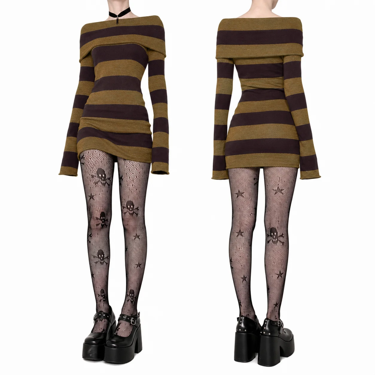 Women Gothic Y2K Off Shoulder Striped Knit Mini Dress Long Sleeve Bodycon Sweater Dress Punk Grunge Aesthetic Party Club Outfits product view