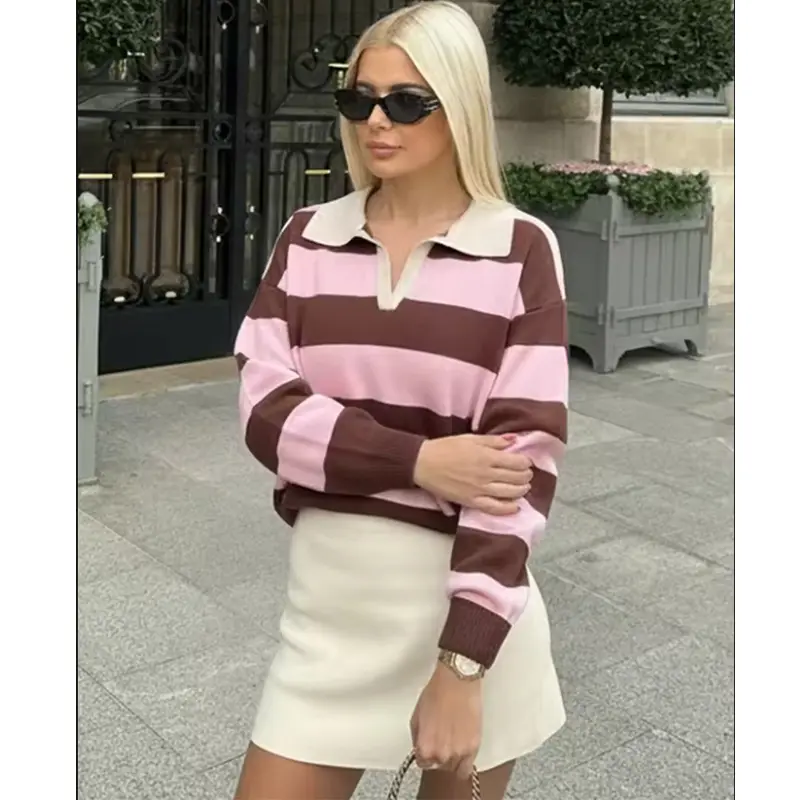 Womens New Knitted Striped Sweater Polo Neck Pullover Fashion Loose Elegant Warm Young Women Sweater Street product view