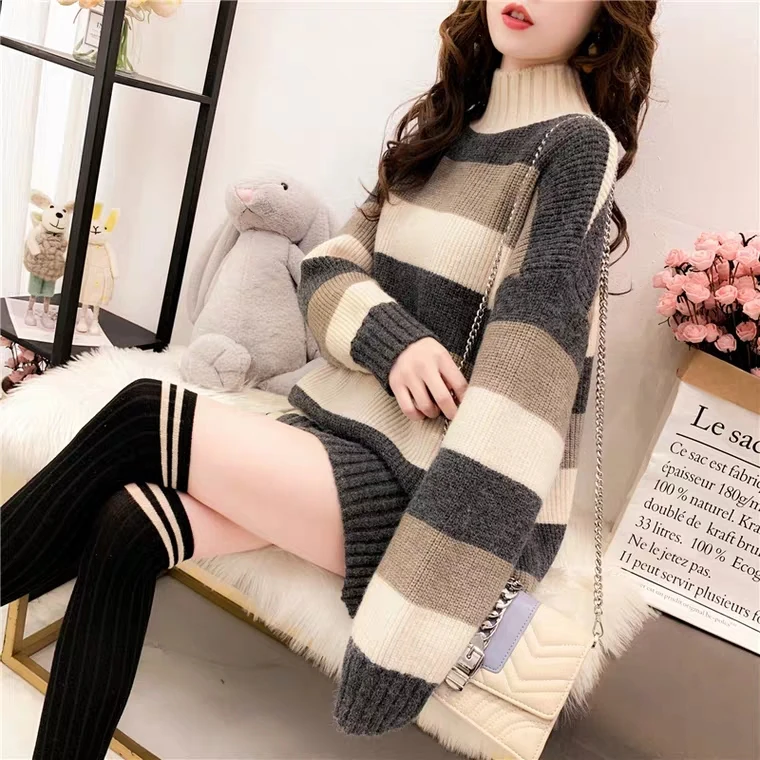 2025 Autumn Winter Thick Warm Sweater Casual Half High Neck Womens Knitted Sweater Striped Loose Fit Lady Pullover Tops detail