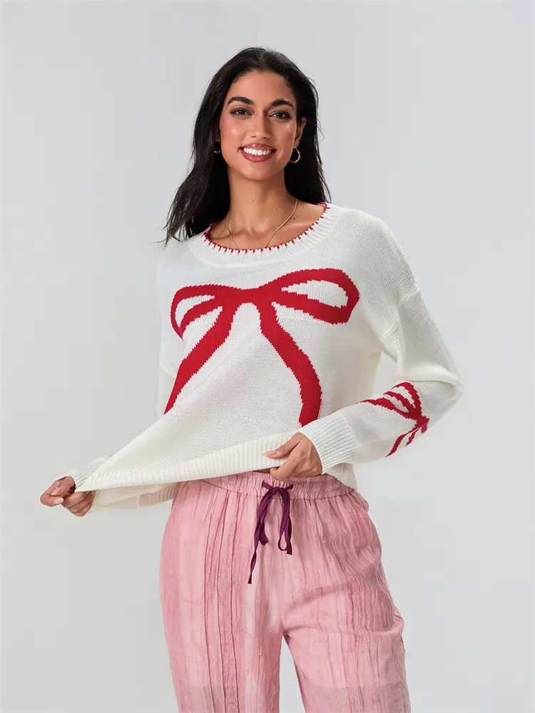 Womens Bow Print Sweater Elegant Long Sleeve Round Neck Knit Pullovers Spring Autumn Tops product view