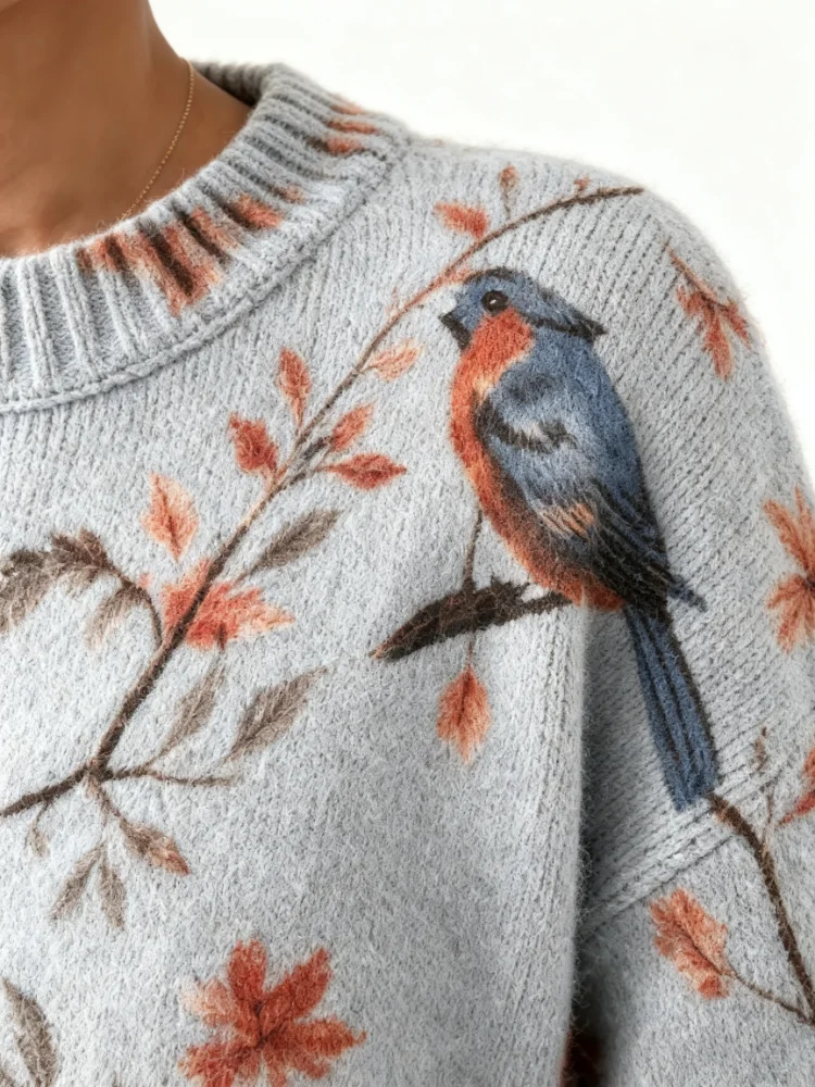 Printed knitted pullover loose and casual soft and warm retro birdpattern watercolor leaf design roundneck longsleeved daily fallwinter layered sweater detail