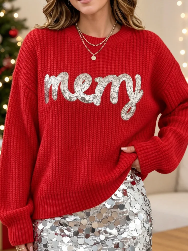 New Style Womens Thick Knitted Sweater Loose and Soft Warm Antiloosening Bright Red Base Color with Silver Beads Letters Print Round Neck Long Sleeve Winter Party Daily Wear Layered Sweater detail