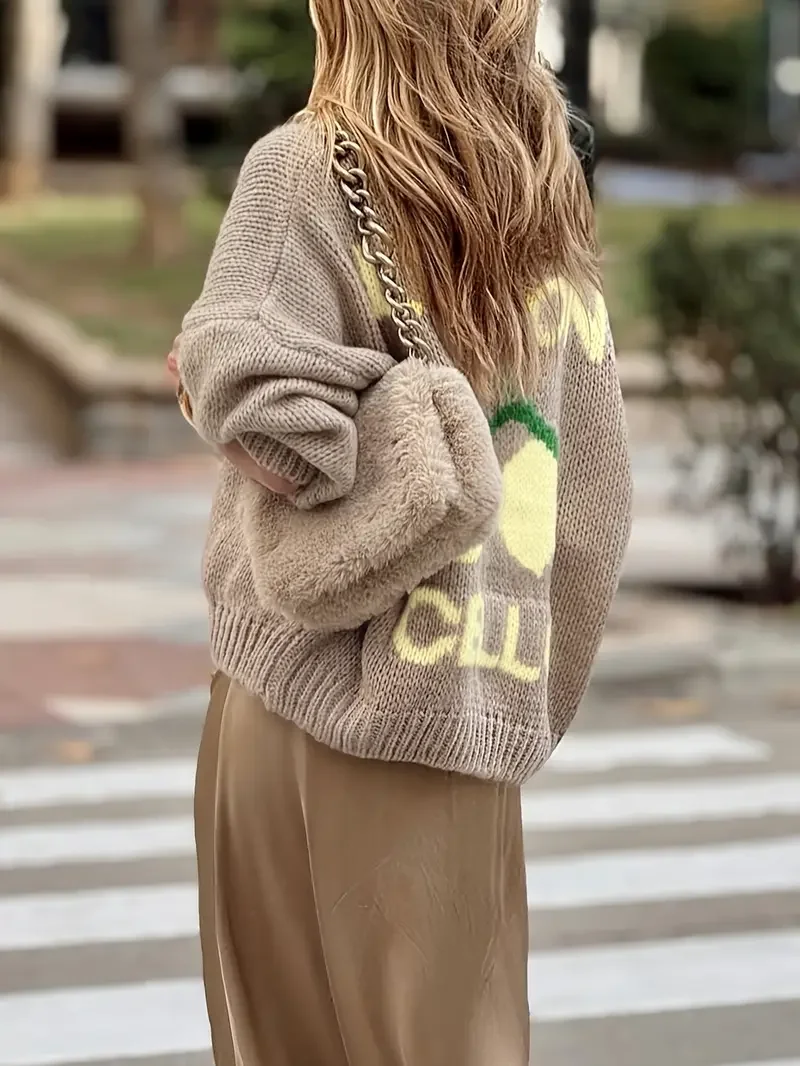 Womens fashionable casual long sleeved button sweater cardigan soft and comfortable loose lantern sleeve knit sweater detail