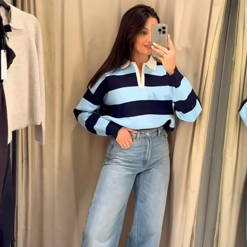 Womens New Knitted Striped Sweater Polo Neck Pullover Fashion Loose Elegant Warm Young Women Sweater Street product view