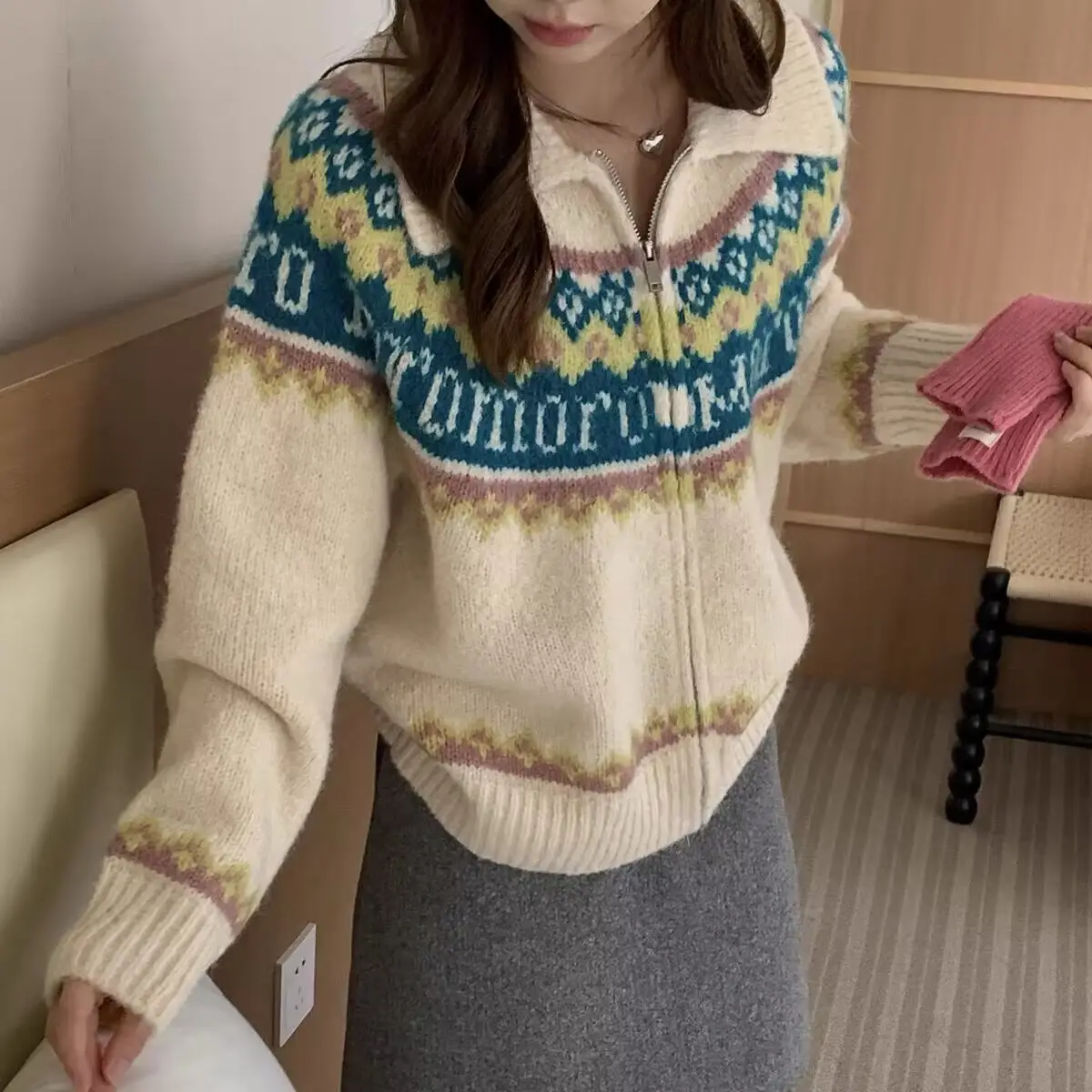 Zipper Lapel Color Blocking Coat Retro Jacquard Knitted Cardigan Loose Long Sleeve Sweater product view