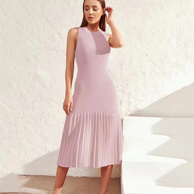 Knitwear Custom Spring Summer White Crew Neck Sleeveless Pleated ALine Natural Waist Midi Womens Knit Sweater Dress product view