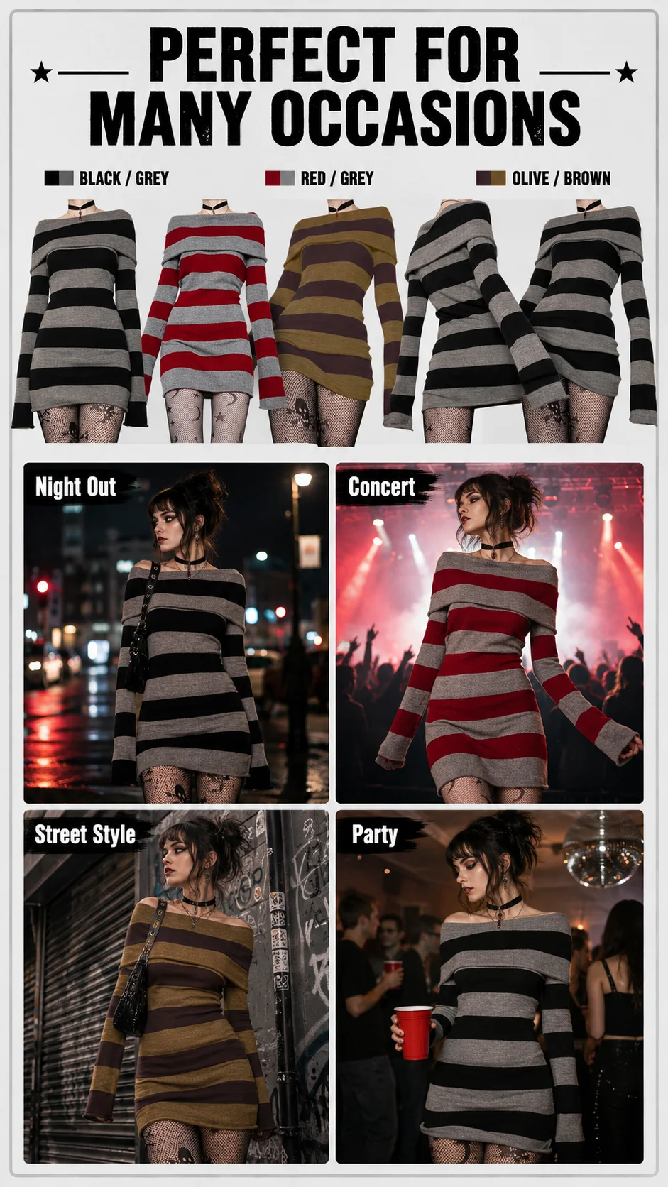 Women Gothic Y2K Off Shoulder Striped Knit Mini Dress Long Sleeve Bodycon Sweater Dress Punk Grunge Aesthetic Party Club Outfits detail