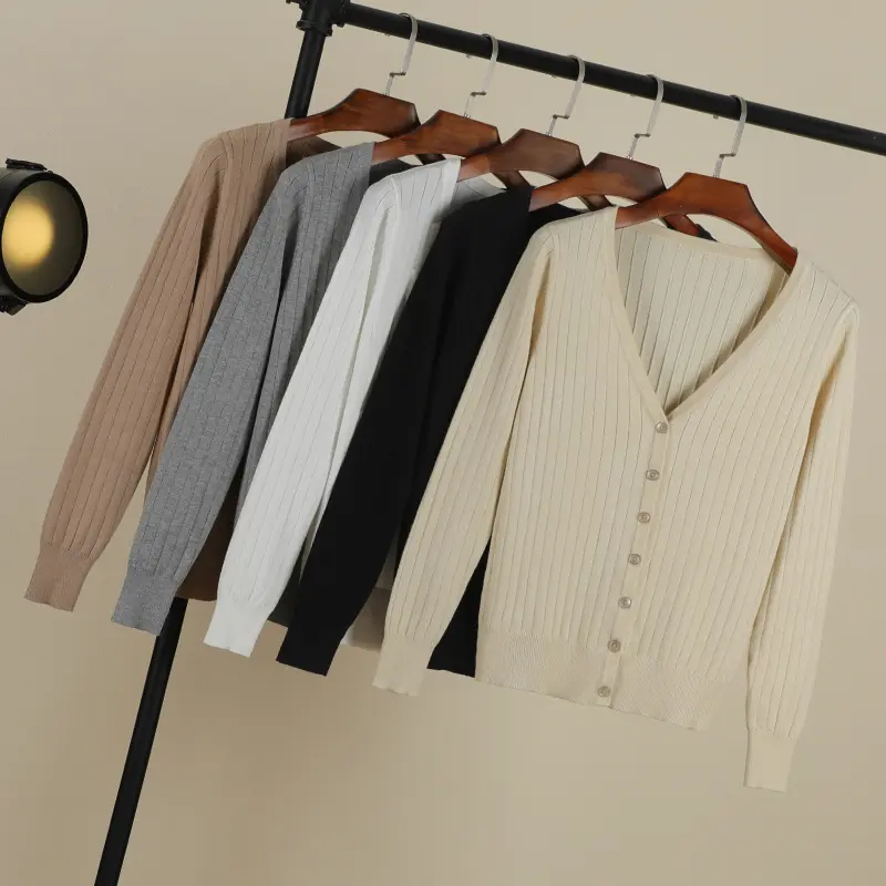 V-neck Cropped Knitting Knit Ladies Basic Women's Coat Spring 2026 Blouses Long Sleeve Top Jersey Knitted Sweater Korean Fashion