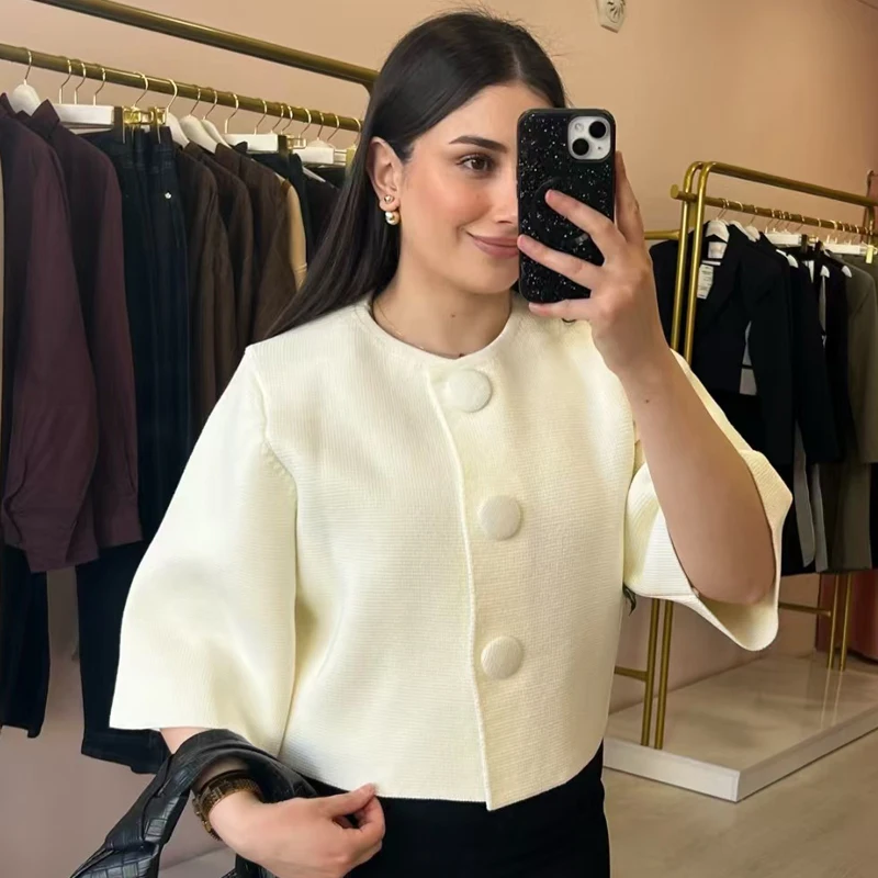 Womens Cropped Knit Cardigan Summer Elegant Off White Button ONeck Short Sleeve Tops For Woman Resort Bolero Sweater detail