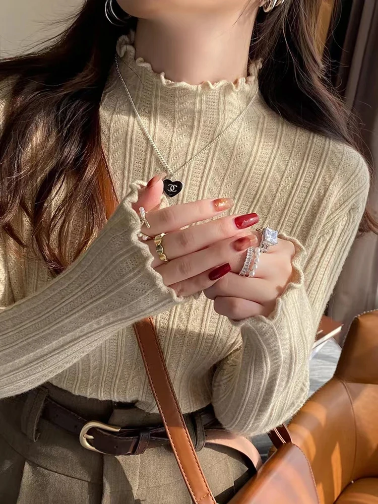 New Womens Autumn and Winter Solid Color Ruffled Semiturtleneck Longsleeved Knitted Sweater Casual Womens Knitted Pullovers detail