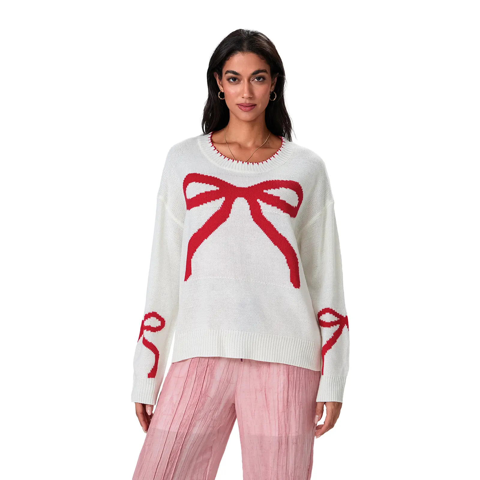 Womens Bow Print Sweater Elegant Long Sleeve Round Neck Knit Pullovers Spring Autumn Tops product view