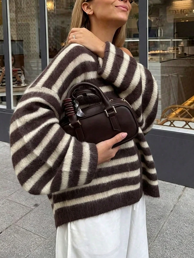 New Fur Soft Button Jumpers Stripe Print Long Sleeve Cardigans Elegant Vneck Womens Commute Sweater Coat detail