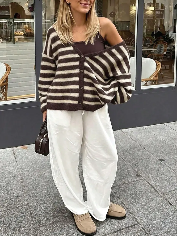 New Fur Soft Button Jumpers Stripe Print Long Sleeve Cardigans Elegant Vneck Womens Commute Sweater Coat product view