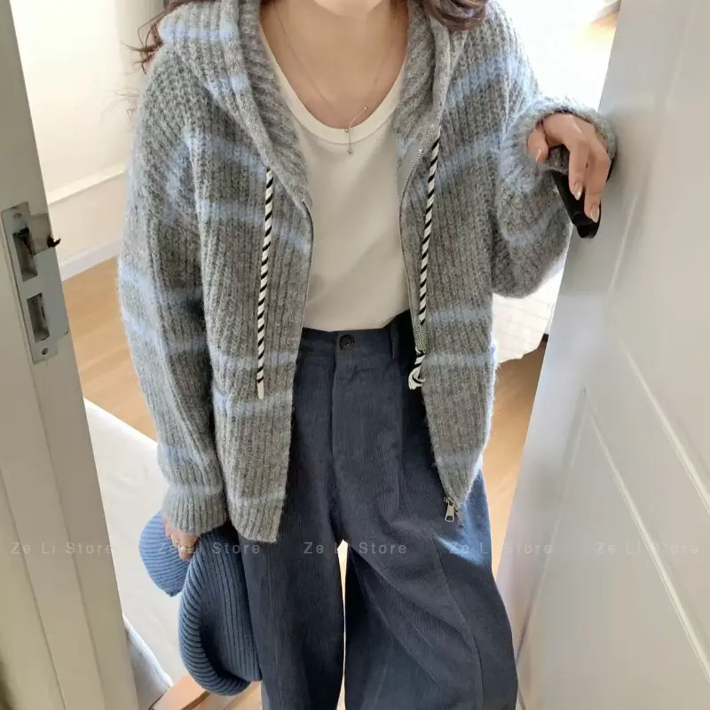 Loose Womens Zipper Knitted Sweater Striped Hooded Color Block Autumn Winter Outerwear Casual Comfortable Lazy Style Top product view
