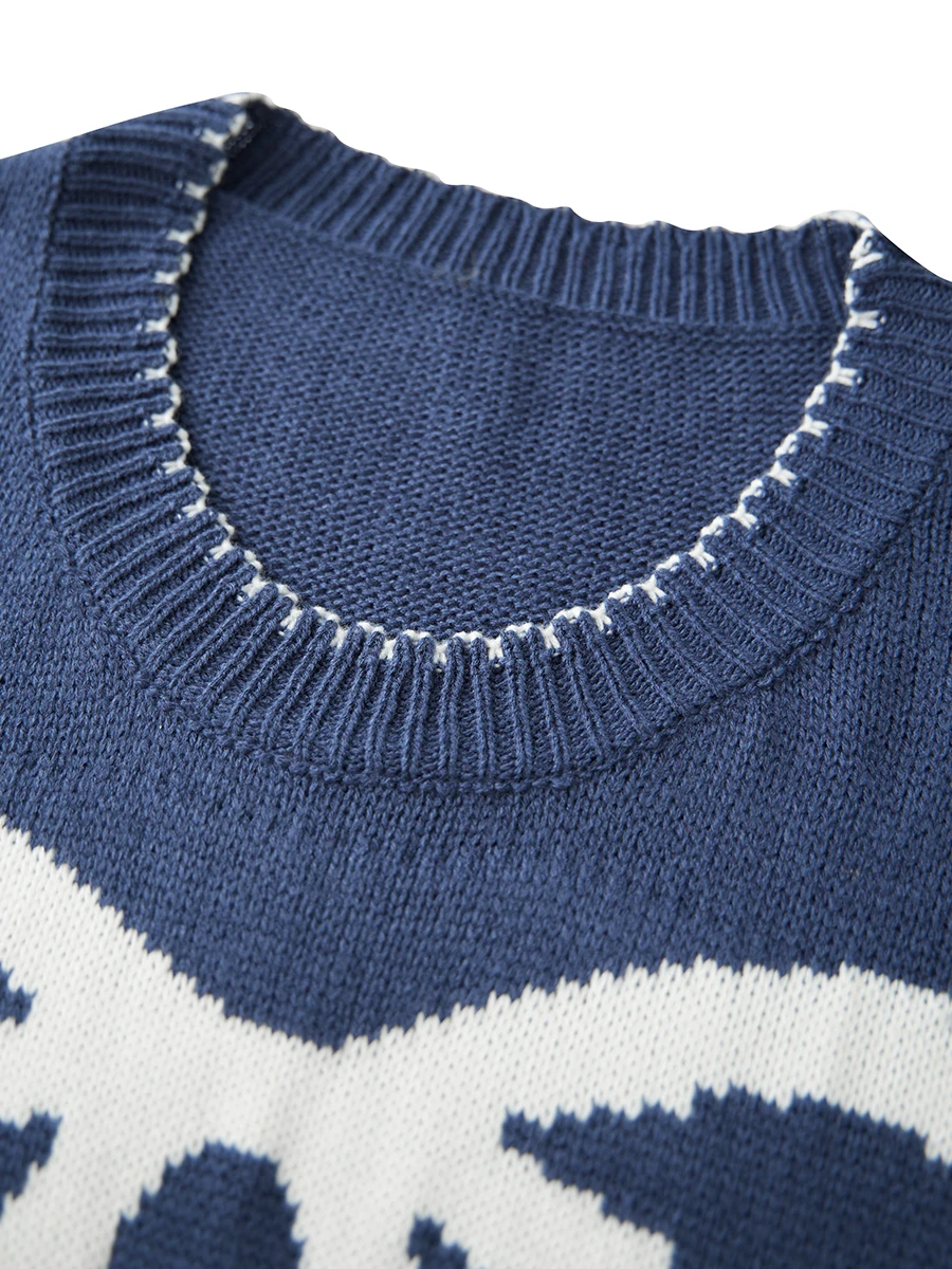 Womens Bow Print Sweater Elegant Long Sleeve Round Neck Knit Pullovers Spring Autumn Tops detail