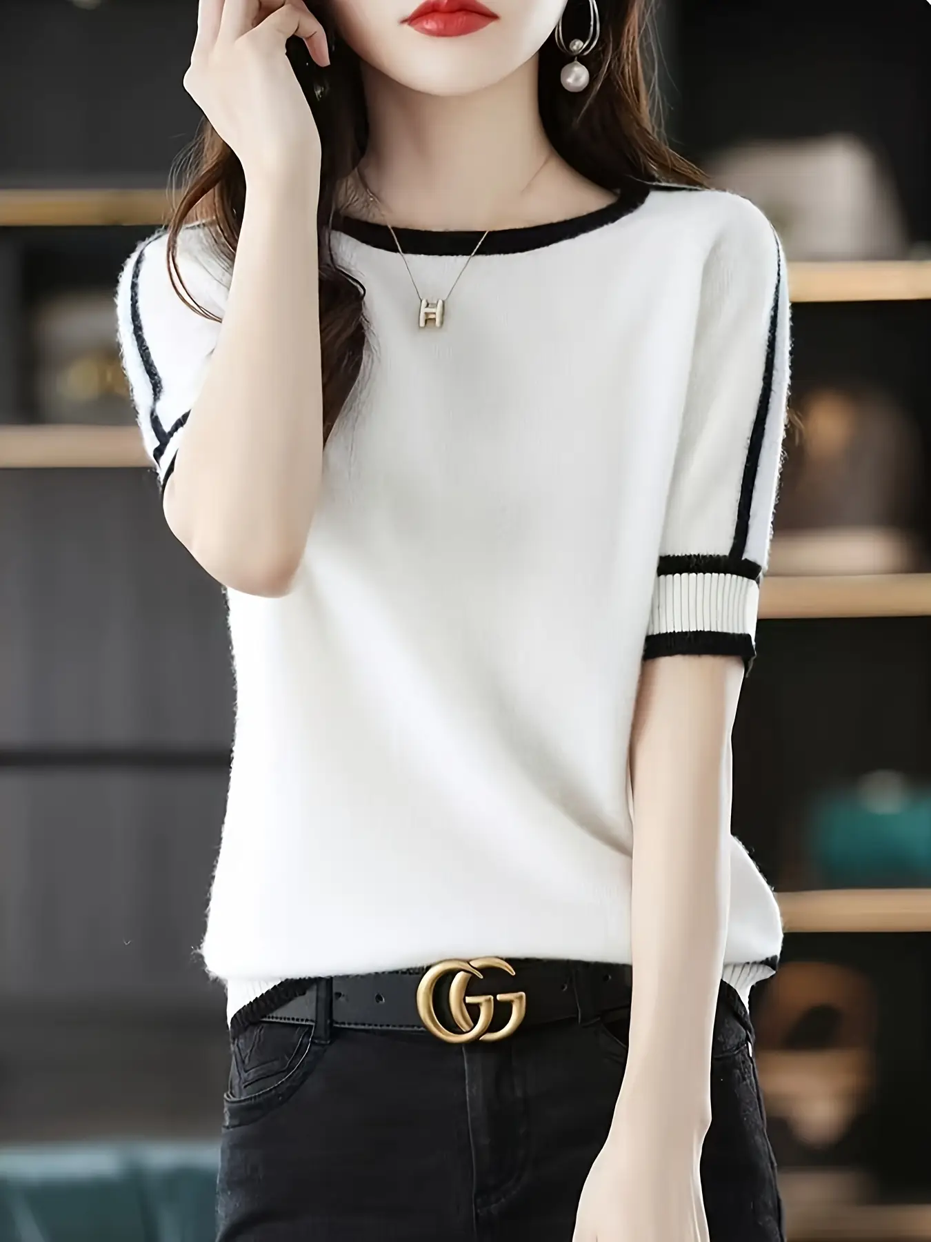 New Short-Sleeve Women's Round-Neck Patchwork Half-Sleeve Five-Point Sleeve Loose Knitted Base Shirt Sweater