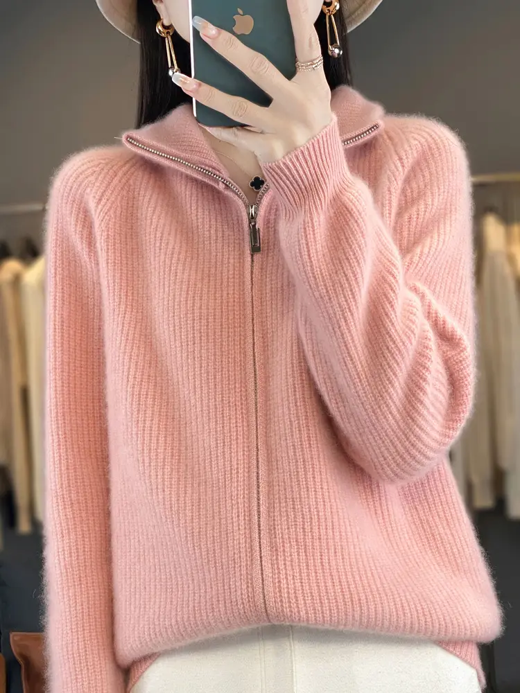 100 Wool Womens Standing Collar Zipper Cardigan Thickened Autumn Winter Casual Fashion Cashmere Knitted Sweater product view