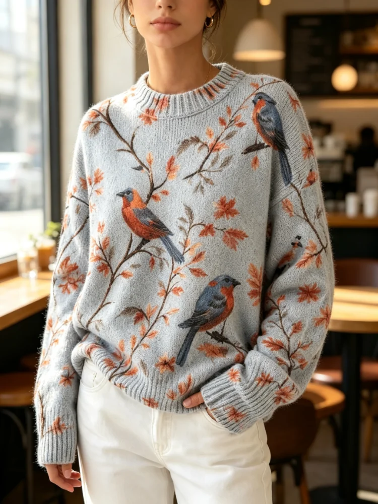Printed knitted pullover loose and casual soft and warm retro birdpattern watercolor leaf design roundneck longsleeved daily fallwinter layered sweater detail