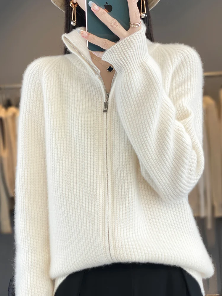 100 Wool Womens Standing Collar Zipper Cardigan Thickened Autumn Winter Casual Fashion Cashmere Knitted Sweater detail