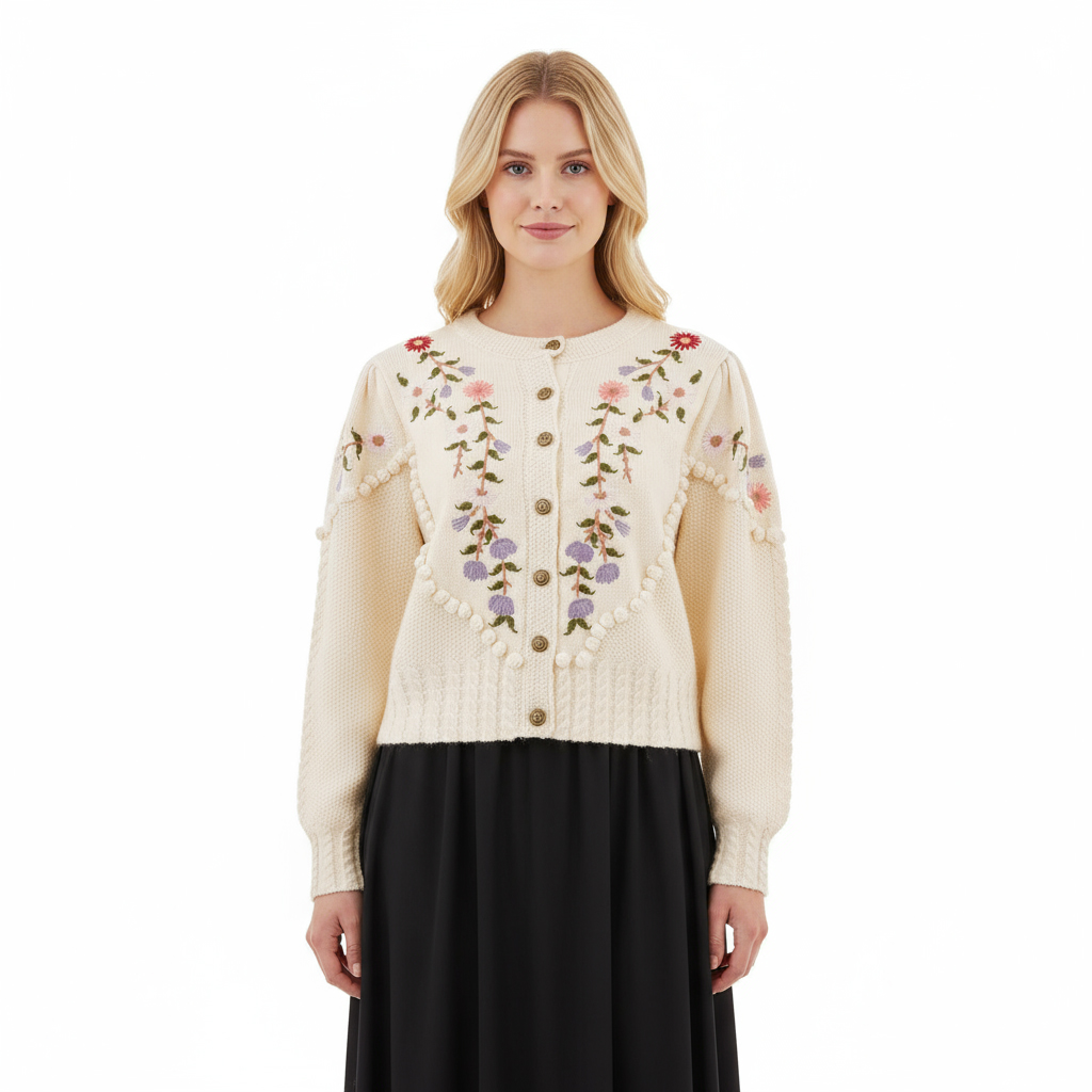 Factory Custom Women Knit Sweater Crew Neck Puff Sleeve Ladies Sweater Button Cable Floral Embroidery Women Knit Cardigan