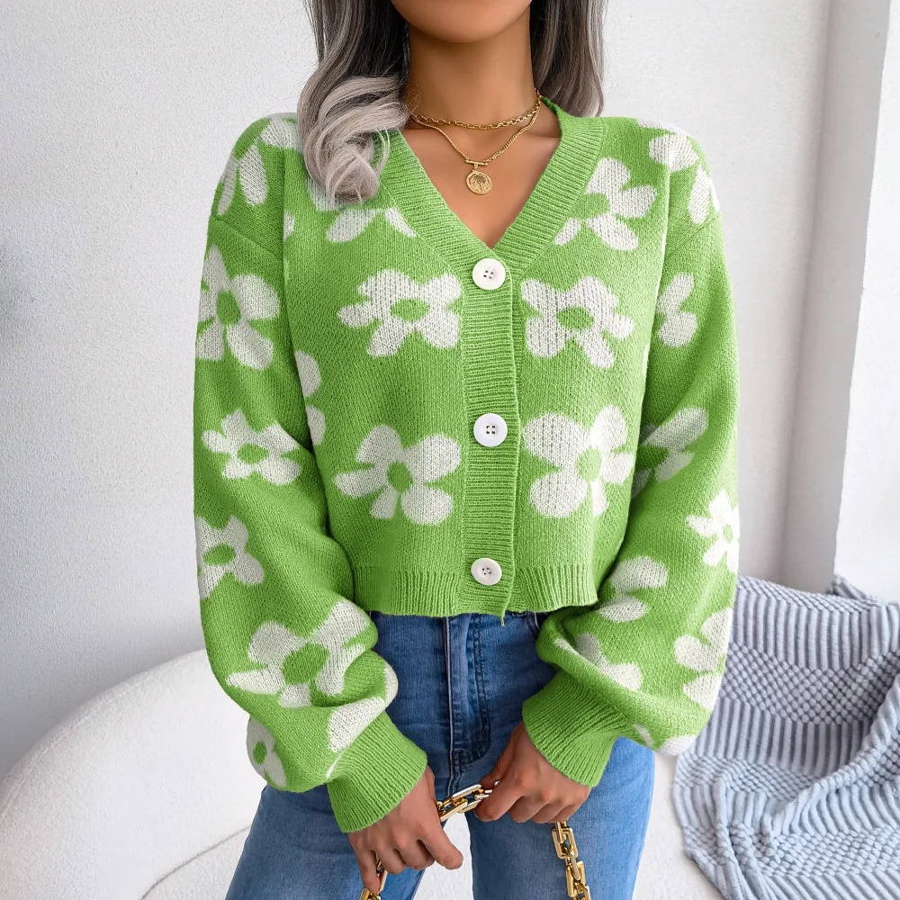 Womens Floral Contrast Color Button Front Casual Cardigan Sweater Coat Long Sleeve Open Front for Resort Wear detail