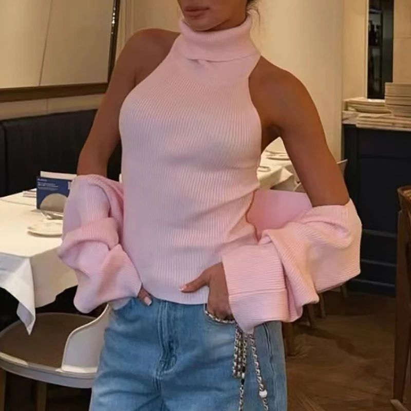 Autumn Winter New Crochet Lady Party Camisole Fashion Hollow Out Knitted Womens Sweater Casual Solid Color Slim Commute Jumper detail